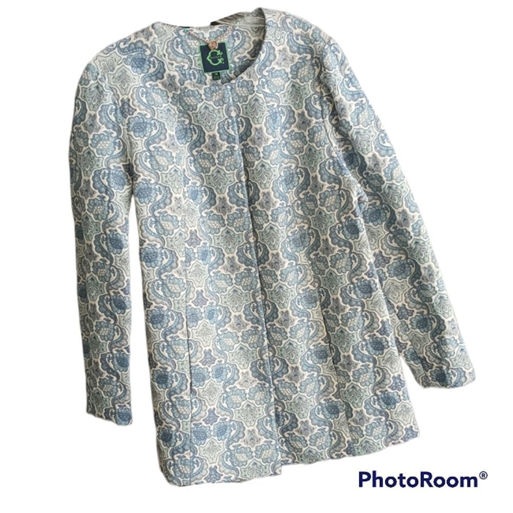 C Wonder Blue &White Jacquard Snap Button Jacket Blazer
